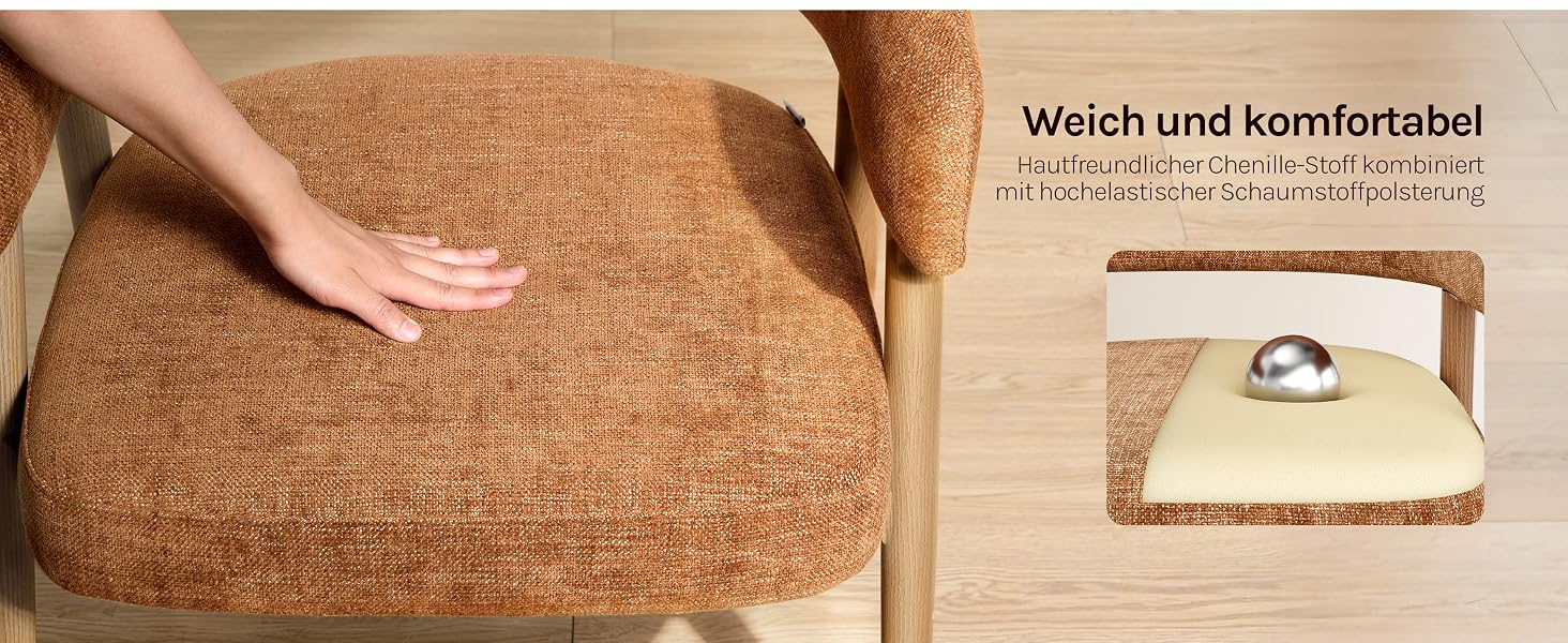 Der Text lautet „Weich und komfortabel!“ mit deutschem Slogan. Hellbraune und beige Strickdecke, auf der Oberfläche gefaltet, Detailaufnahme der Stoffstruktur abgebildet.
