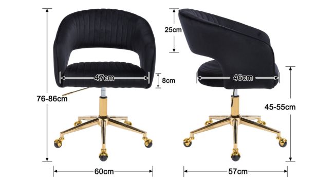 Schéma technique montrant les mesures d'une chaise de bureau noire avec base dorée. Largeur avant : 60 cm, hauteur arrière : 45,5 cm. Montre des vues latérales et frontales avec un design incurvé et une base à roulettes.