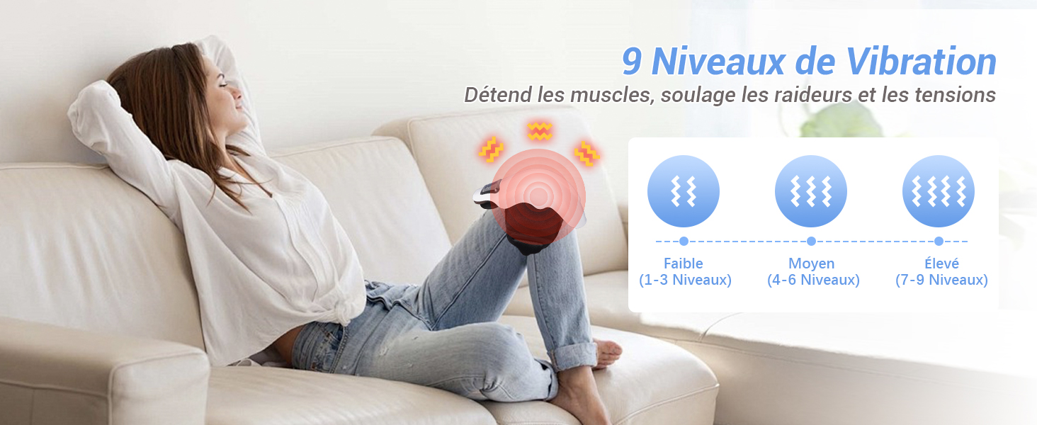Masajeador de cabeza esférica rosa que se muestra con un diagrama que muestra 9 niveles de vibración, mostrados en modo de relajación.