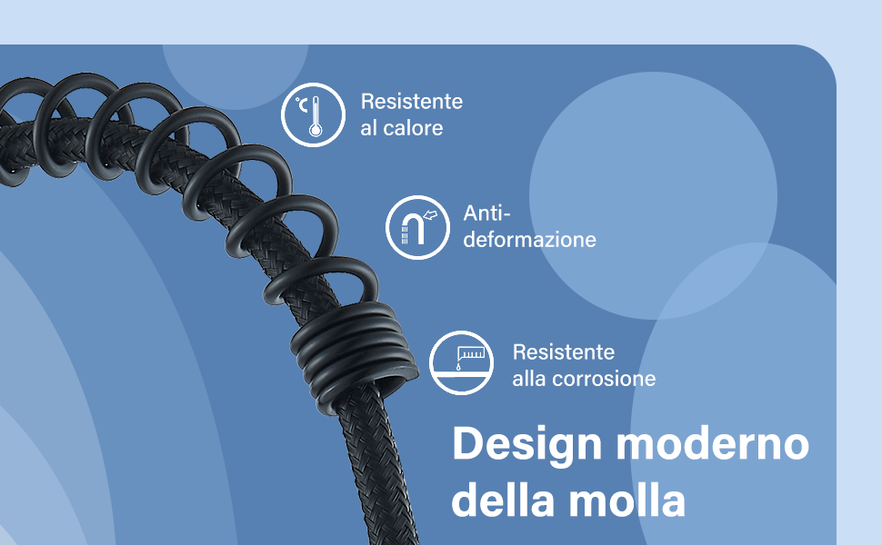 Diseño de resorte moderno con resistencia al calor, antideformación y resistencia a la corrosión. Se muestra un resorte en espiral negro sobre un fondo azul con texto en italiano