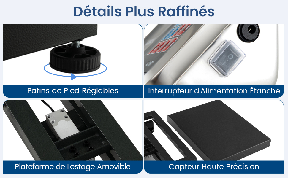 Présentation des caractéristiques du produit à quatre panneaux : repose-pieds réglables, interrupteur d'alimentation étanche, plate-forme de pesée amovible et capteur de haute précision. Le texte indique « Détails Plus Raffinés ».