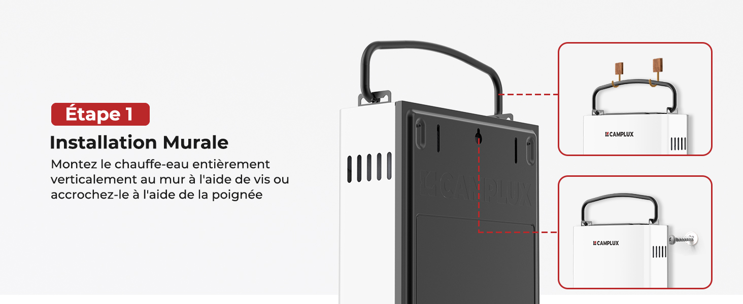 Schéma illustrant l'installation murale d'un appareil muni d'une poignée. L'étape 1 « Installation murale » est surlignée en rouge, avec des instructions