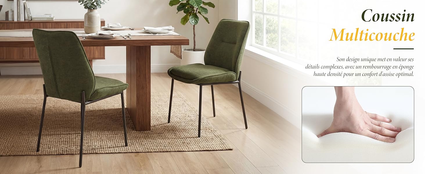 Le texte indique « Cousin », « Madrona ». Intérieur moderne avec fauteuil rembourré vert, table d'appoint en bois avec plante et vase en céramique rose sur fond neutre avec le nom du produit visible.