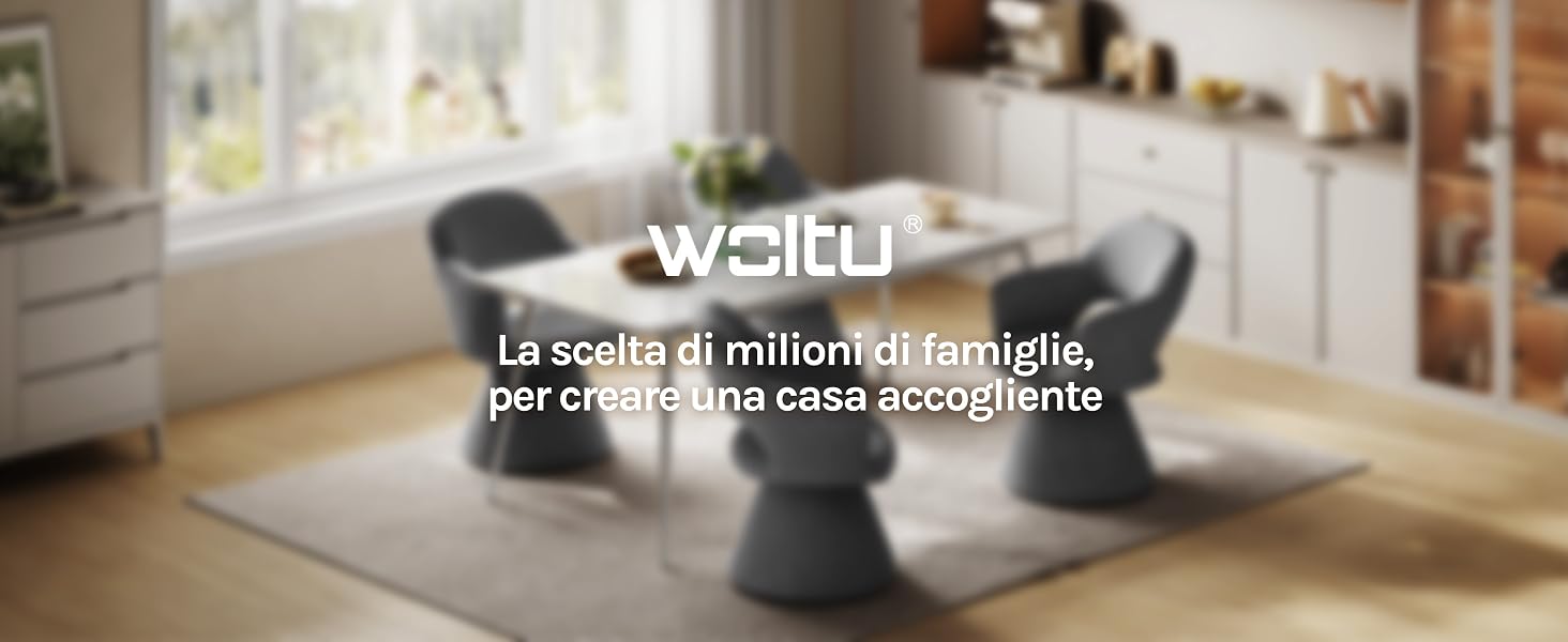Il testo recita «weliu» e «La scelta di milioni di famiglie, per creare una casa accogliente». Oggetti scultorei neri per la casa esposti su una superficie in legno chiaro.