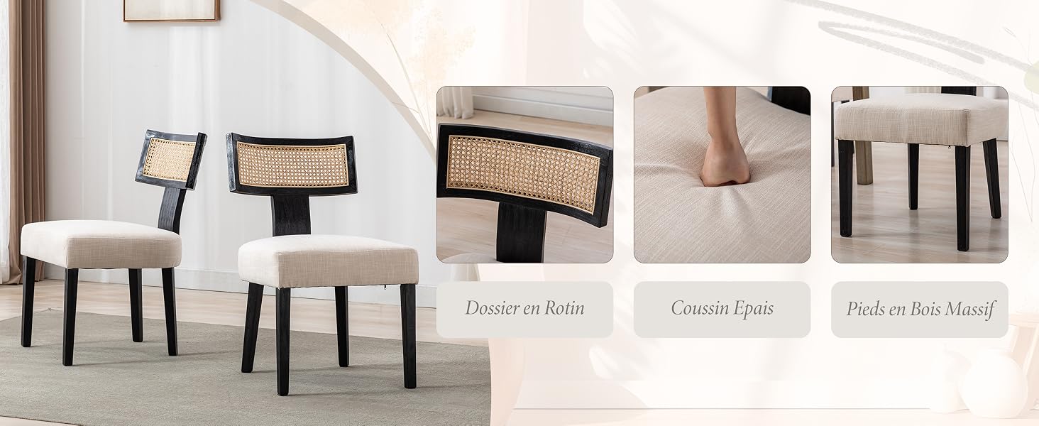 avec assise rembourrée et pieds en bois. Plusieurs images montrent les détails : chaise complète, coussin de siège, assemblage des pieds et vue sous le siège