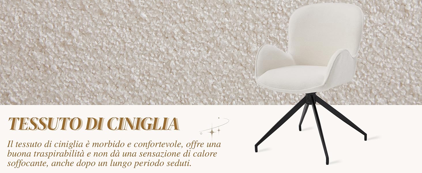 Il testo recita 'TESSUTO DI CINIGLIA'. Stessa sedia imbottita bianca con base a ragno nero mostrata da un'angolazione leggermente diversa su sfondo beige.