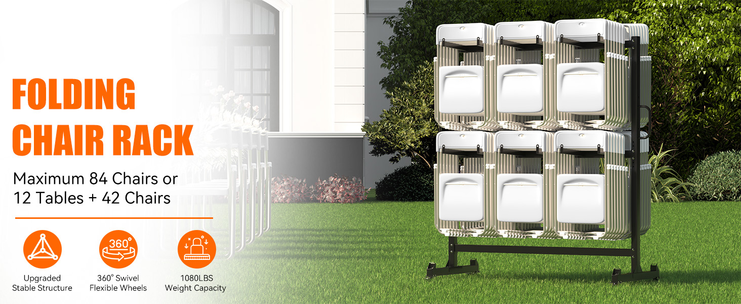 Text reads 'FOLDING CHAIR RACK'. White folding chairs displayed on grass, with diagram showing chair storage rack capacity and configuration options.