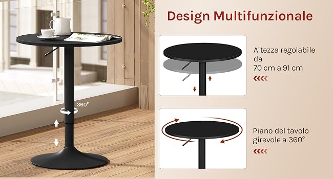 Tavolo rotondo nero ad altezza regolabile con supporto a palo centrale. Le immagini mostrano due impostazioni di altezza e menzionano «Design Multifunzionale