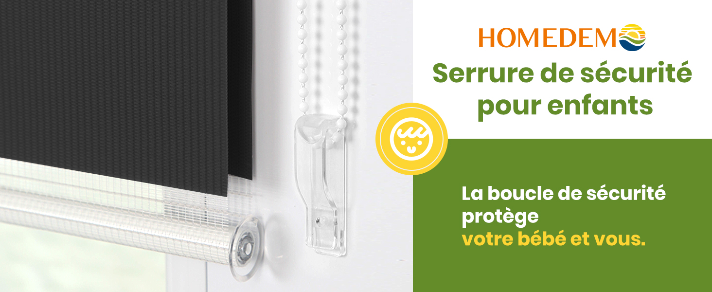 Emballage du produit pour la serrure de sécurité pour enfants Homedemo, avec un texte vert, une icône en forme de bébé et la décrivant comme une serrure de sécurité pour enfants