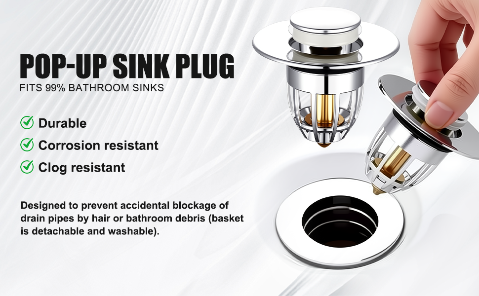 Text reads 'POP-UP SINK PLUG'. Product demonstration images showing installation and usage of a sink plug, with bullet points indicating 'Durable', 'Corrosion resistant', 'Clog resistant'.