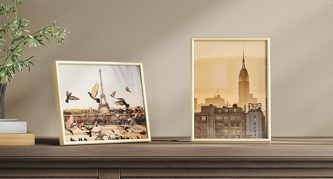 Diverse fotografie incorniciate esposte su una mensola di legno scuro contro una parete beige, con varie immagini architettoniche e sceniche.