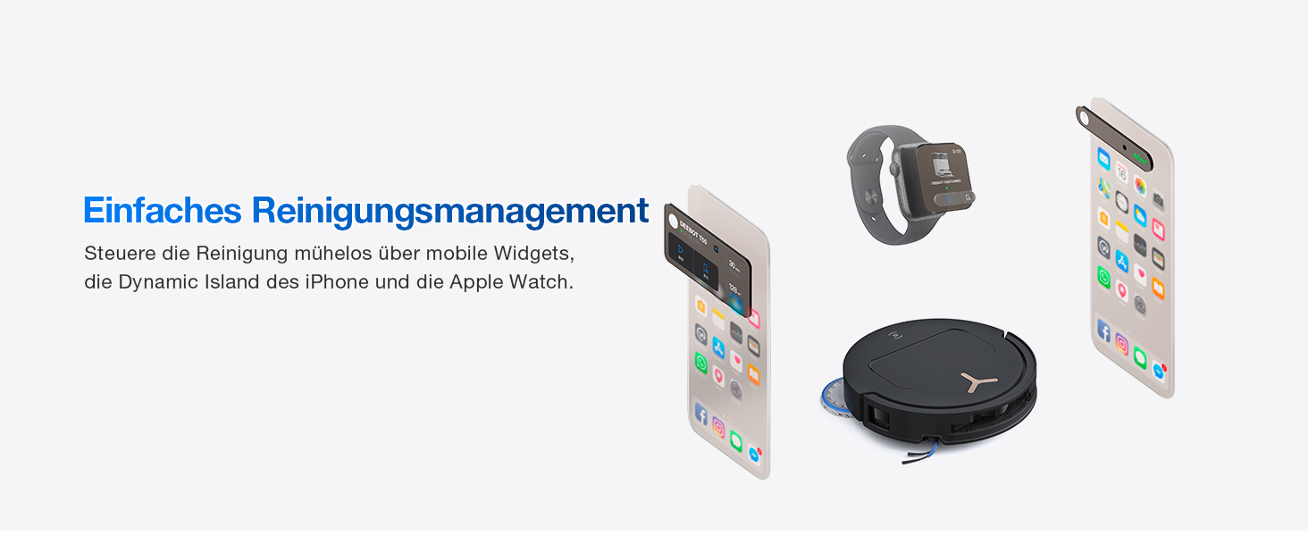 Der Text lautet „Einfaches Reinigungsmanagement“. Zeigt einen Saugroboter, eine Ladestation und eine Steuerschnittstelle für ein automatisiertes Hausreinigungssystem.
