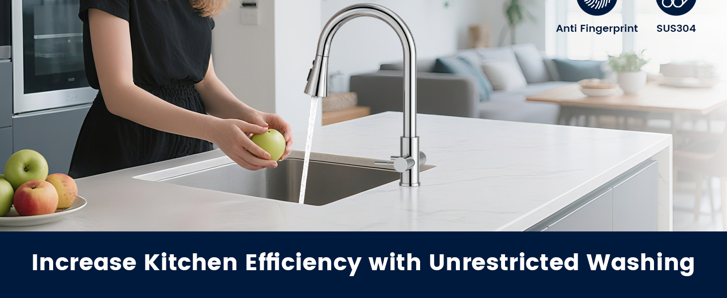 Text reads: 'Increase Kitchen Efficiency with Unrestricted Washing'. Shows hands washing dishes at kitchen sink, demonstrating kitchen task.