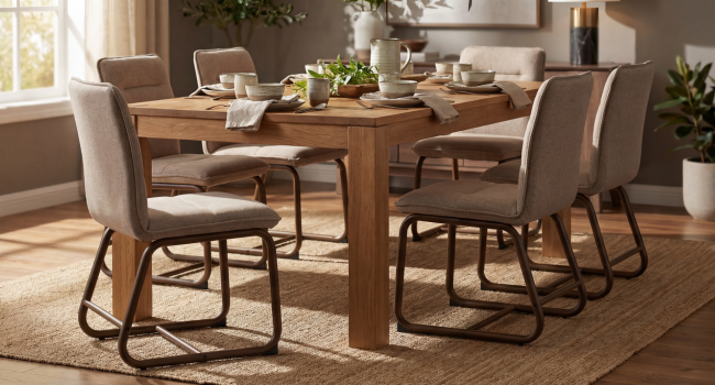 Alternative angle of the same modern dining room, showing wooden table and cantilever chairs from a different perspective, emphasizing the open, airy space design.