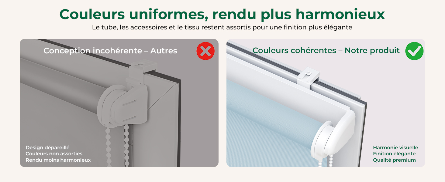 Le texte se lit comme suit : « Couleurs uniformes, rendu plus harmonieux ». Image de comparaison fractionnée montrant une surface texturée en niveaux de gris par rapport à une surface uniforme bleu-gris clair cochée.