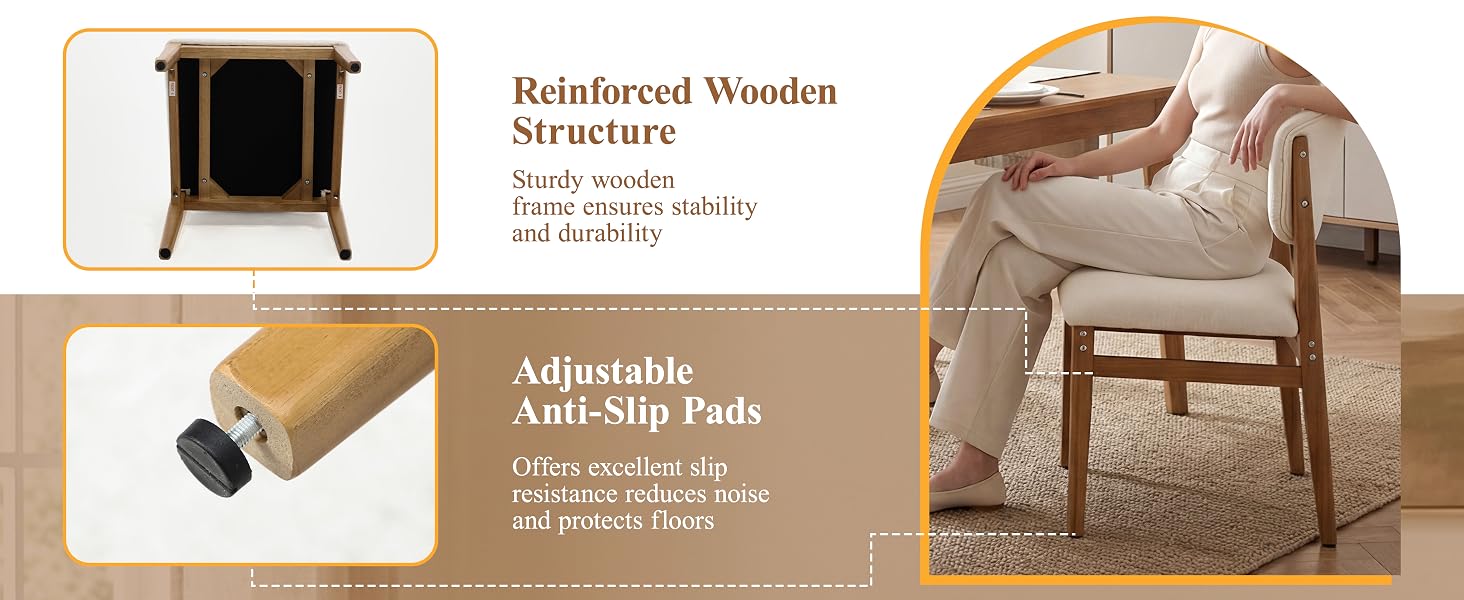 Text reads 'Reinforced Windsor Structure', 'Adjustable Anti-Slip Pads'. Furniture assembly details showing chair frame corner joint reinforcement and adjustable leg pad components.