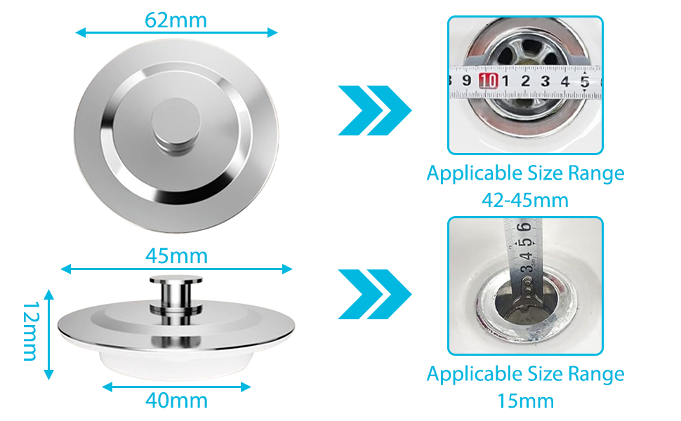 Metal drain cover assembly with dimensions: 62mm top diameter, 45mm bottom diameter, 12mm height, and compatibility ranges of 42-45mm and 15mm shown.