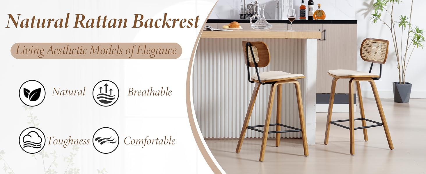 Rattan backrest bar stools with wooden frames in a kitchen setting. Product features include natural materials, breathability, toughness, and comfort, as indicated by icons.