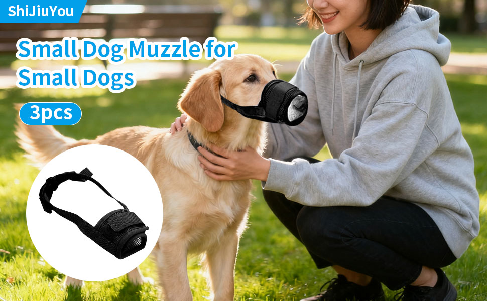 Text reads 'ShiJinYou' and 'Smart Dog Muzzle for Small Dogs' '3pcs'. Person with dog demonstrating black muzzle product.