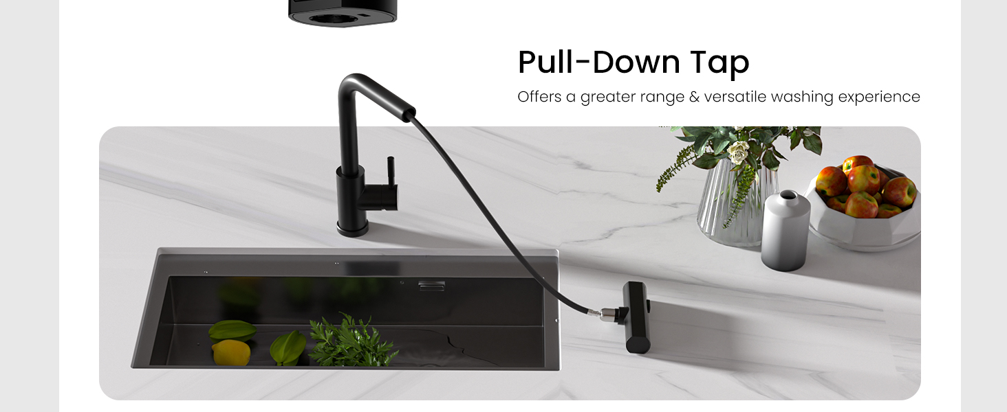 Black pull-down kitchen faucet installed over undermount sink, with flexible neck and modern minimalist design.