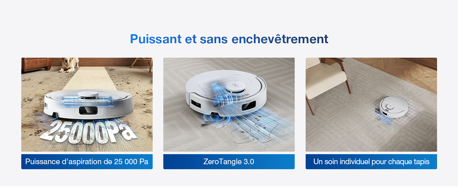 Le texte indique « Puissant et sans encombrement » (Puissant et peu encombrant). Trois images de produits montrant un petit appareil portable dans différentes applications et paramètres.