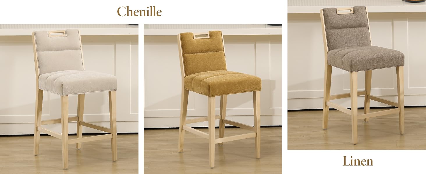 Text reads 'Chenille' and 'Linen.' Multiple dining chairs displayed in showroom setting, showing various upholstery options and styles.