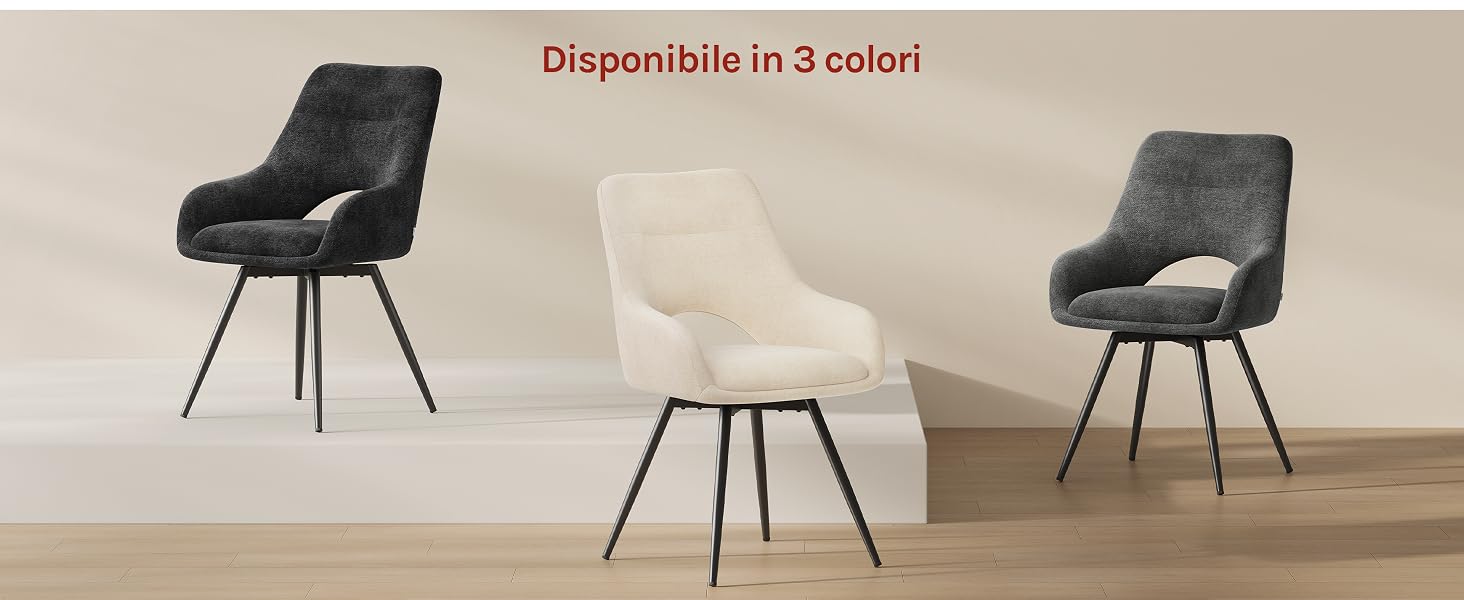 Il testo dice 'Disponibile in 3 colori' (Disponibile in 3 colori). Tre sedie da pranzo moderne con gambe in metallo disposte su sedili imbottiti neri, bianchi e grigio scuro su pavimenti in legno.