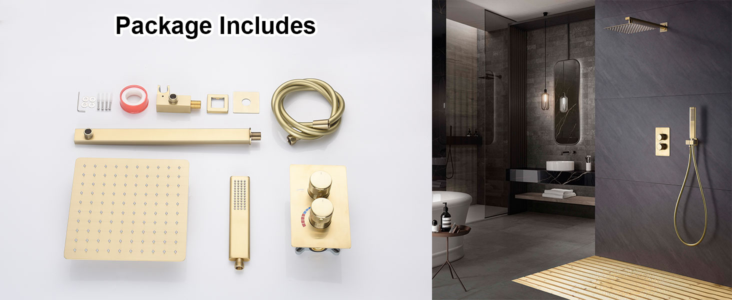 Composants du système de douche dorés, y compris le pommeau de douche, la douche à main, le panneau de commande et la grille de drainage. Le panneau de droite montre le système installé dans une salle de bain sombre moderne.