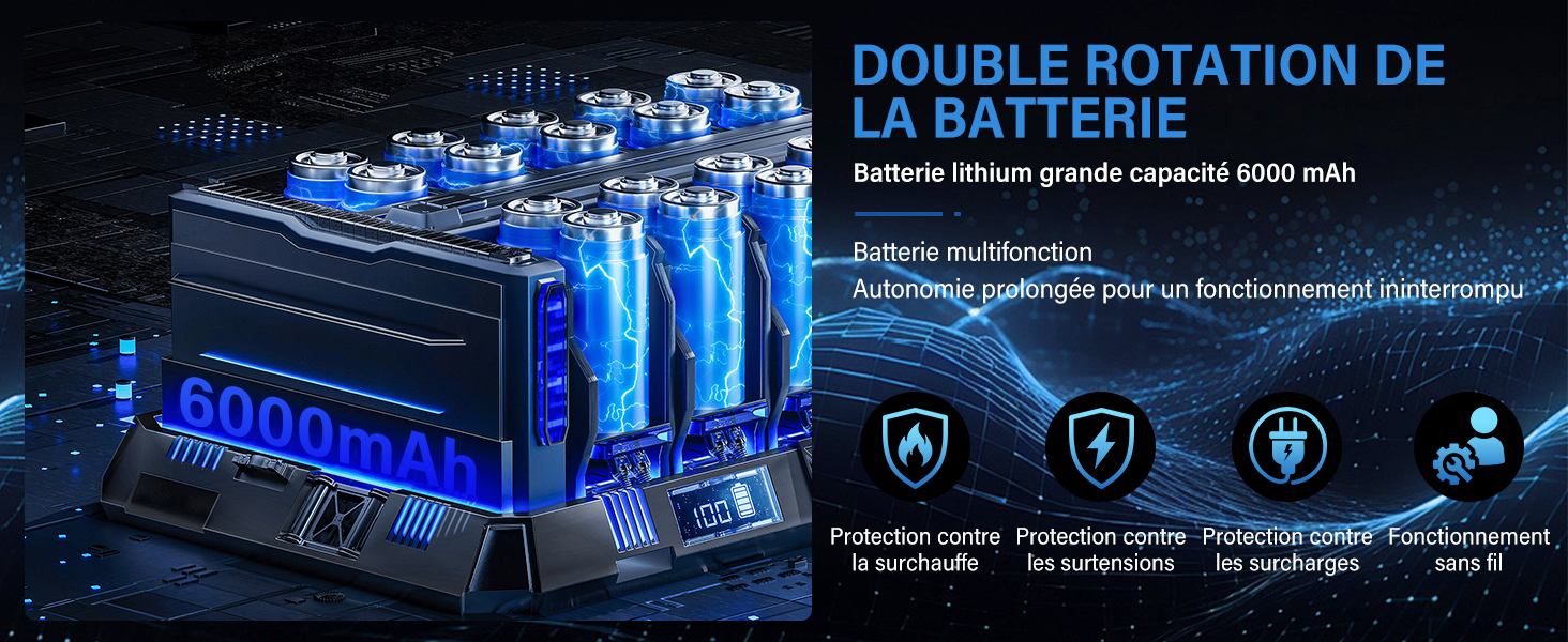 Le texte indique « DOUBLE ROTATION DE BATTERIE ». Série de composants mécaniques ou technologiques bleus rendus en 3D montrés dans un environnement sombre avec des effets de lumière.