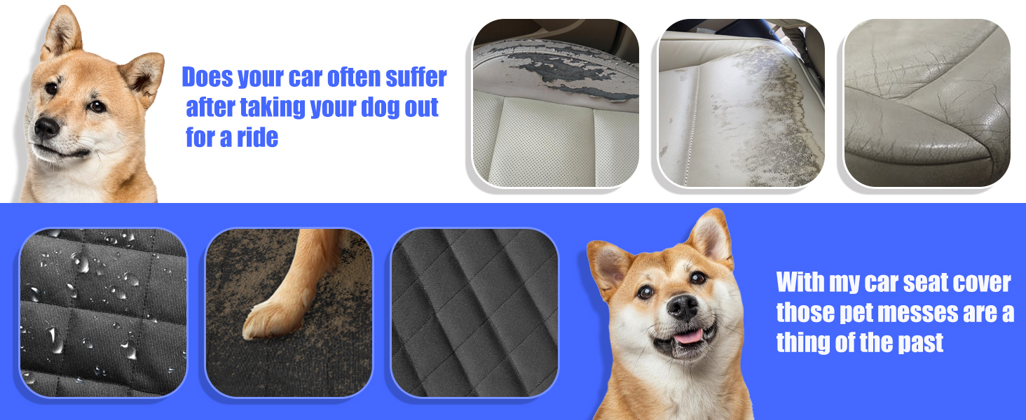 Composite image showcasing car seat covers. Features close-ups of waterproof, fur-resistant material and images of a Shiba Inu dog, emphasizing pet-friendly protection for vehicle interiors.