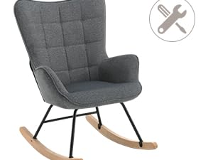 tapizada en gris con respaldo alto, reposabrazos curvos y mecedoras de madera. El icono de la herramienta sugiere una función de montaje