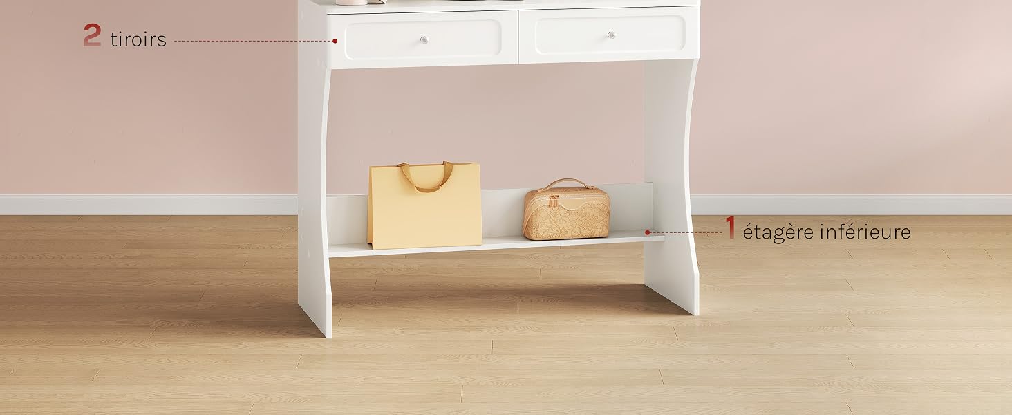 Étagère ou meuble de rangement blanc avec deux boîtes ou conteneurs de couleur crème placés sur une étagère en bois à l'intérieur, sur fond mural beige.