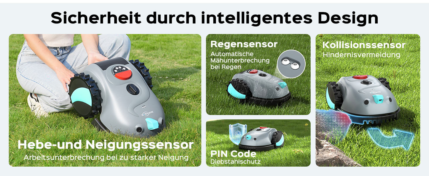 Der Text lautet „Sicherheit durch intelligentes Design“. Mehrere Produktfotos zeigen Rasenpflegegeräte und Sicherheitseinrichtungen im Freien.