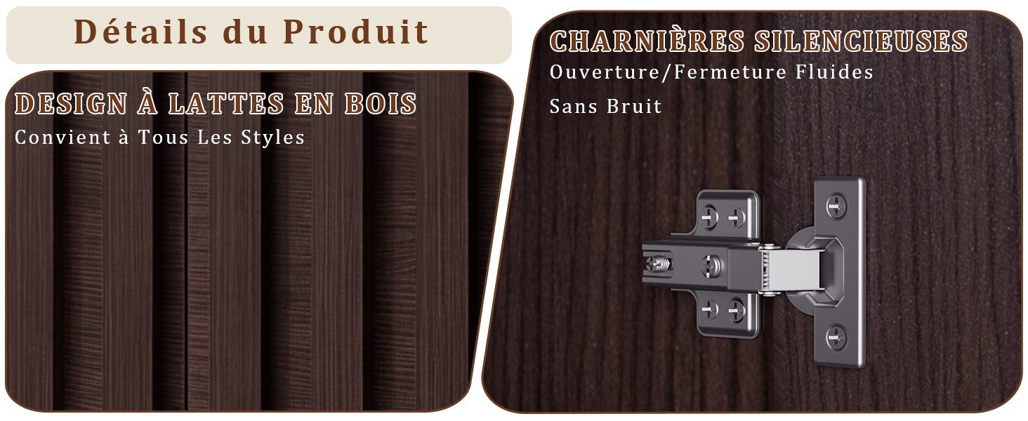 Le texte indique « Détails du produit » et « Gâteaux à tartiner en bois », « Compatible avec d'autres marques » et « Voir détail ». Produit texturé en grain de bois foncé avec le détail de la quincaillerie de montage en métal illustré sur le panneau de droite.