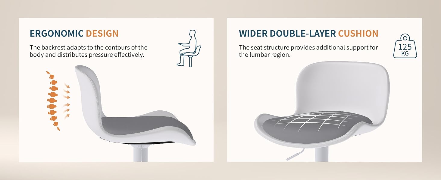 Repeated technical diagram of chair cushion features showing ergonomic design and wider double-layer cushion specifications with indicator arrows.