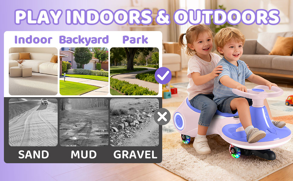 Text reads 'PLAY INDOORS &amp; OUTDOORS' with images showing different play environments: Indoor, Backyard, Park. Below shows surface types: SAND, MUD, GRAVEL.