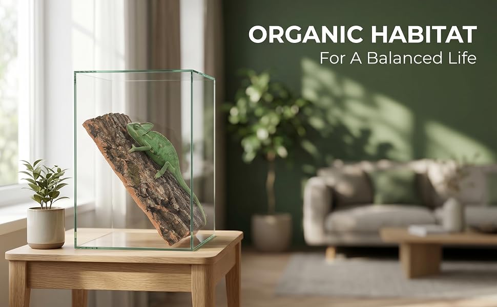Text reads 'ORGANIC HABITAT' and 'For A Balanced Life'. Glass terrarium housing a textured lizard or chameleon on wooden shelf with small potted plant, blurred living room interior background.