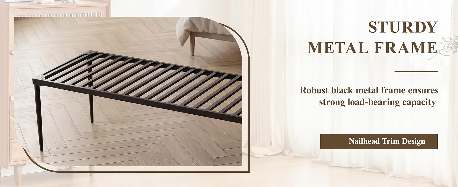 Text reads "STURDY METAL FRAME" and "Robust black metal frame ensures strong bed-bearing capacity. Sailboat Iron Design". Metal frame platform bed with black slatted support structure on beige background.