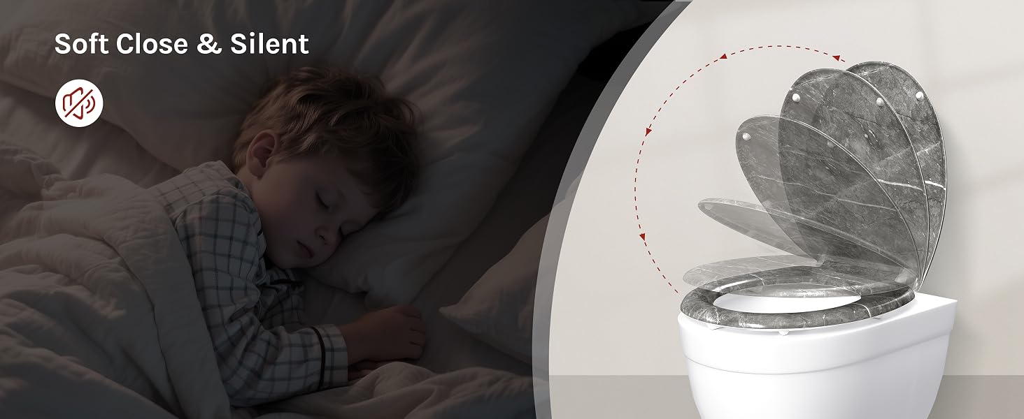 Text reads "Soft Cue &amp; Silent". Split-panel image showing child in dark clothing and close-up of white toilet seat lid with circular impact mark or design detail.