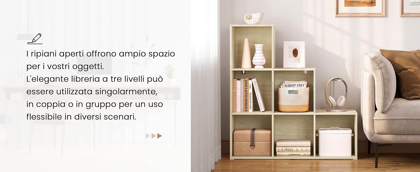 Contenitore a cubo in legno con nove scomparti, che espone libri, oggetti decorativi e scatole portaoggetti.