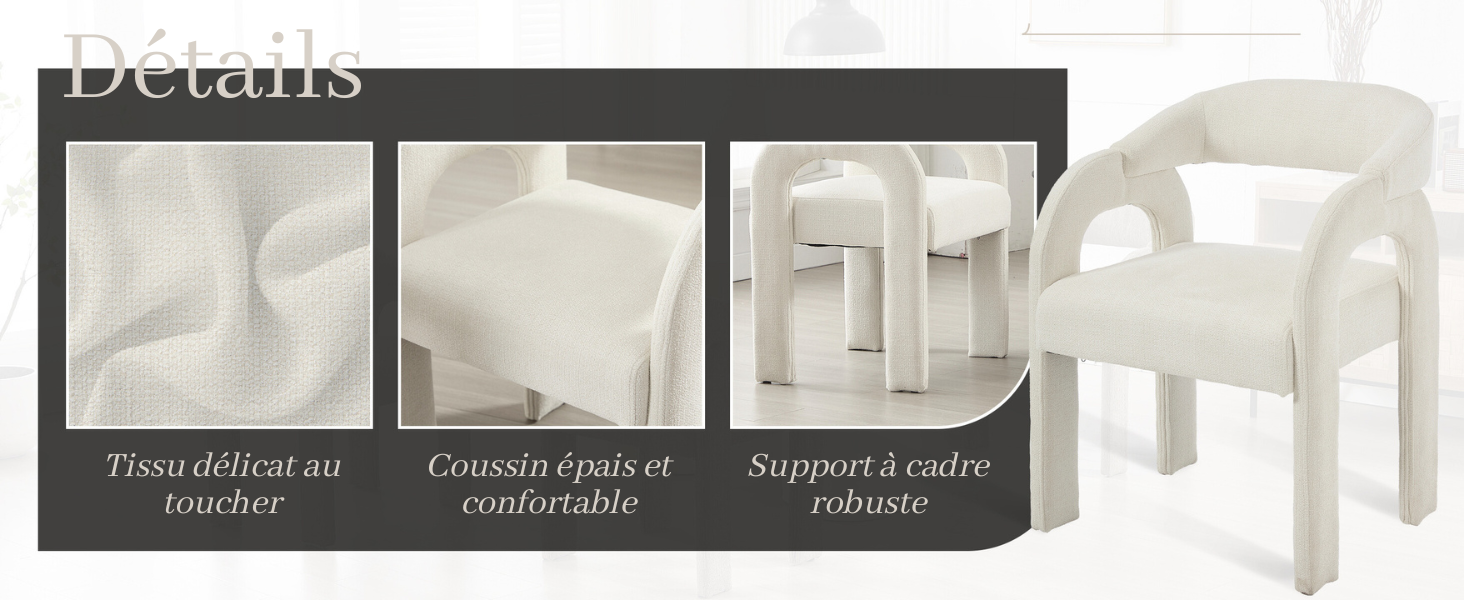Panneau de démonstration du produit montrant trois étapes d'utilisation d'une chaise en plastique blanc, présenté sous forme d'images séquentielles en niveaux de gris.