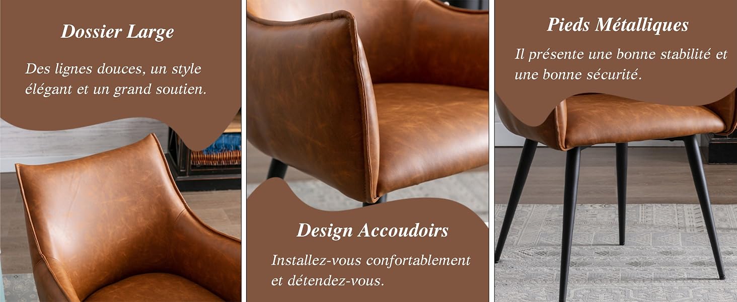 en cuir brun avec dossier et assise incurvés. Les caractéristiques comprennent un siège large, un design élégant et des pieds en métal. De multiples vues mettent en valeur le confort et le style.