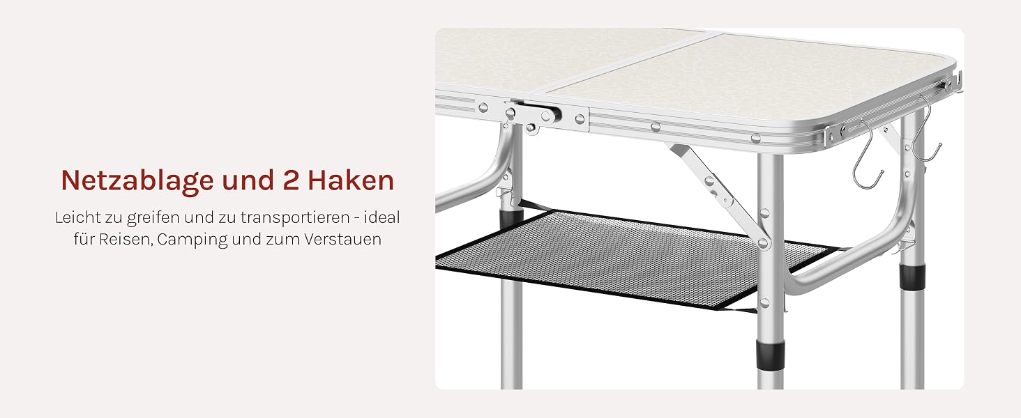Der Text lautet „Netzablage und 2 Haken“. Weißes Netzregal mit zwei Haken, die aus verschiedenen Blickwinkeln dargestellt sind und an einer scheinbar Wand oder Oberfläche montiert sind.