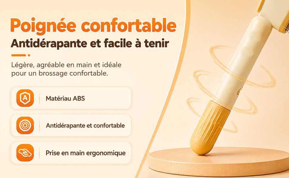Der Text lautet: „Poignée confortable“ und „Anticipante et facile à tenir“, mit Aufzählungspunkten: „Matériau : ABS“, „Poignée ergonomique“, „Prise en main agréable“. Werkzeug mit Holzgriff und orangefarbenem und beigem Griff auf hellem Hintergrund, das ergonomisches Design zeigt.