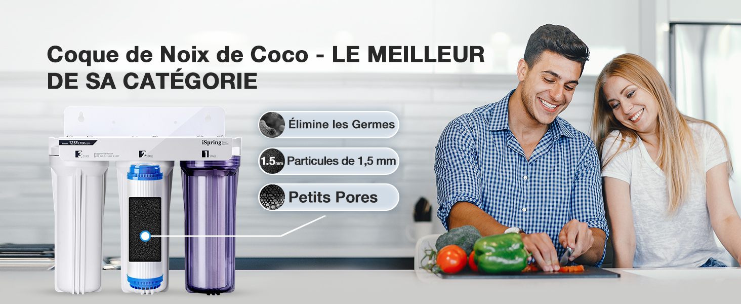 avec trois cartouches cylindriques blanches et violettes. Les caractéristiques incluent l'élimination des germes, la filtration des particules de 1,5 micron et la réduction des pores.