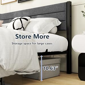 Text reads 'Store More' and 'Storage space for large cases'. Bedroom storage demonstration showing 10.62" clearance under bed frame with white bedding.