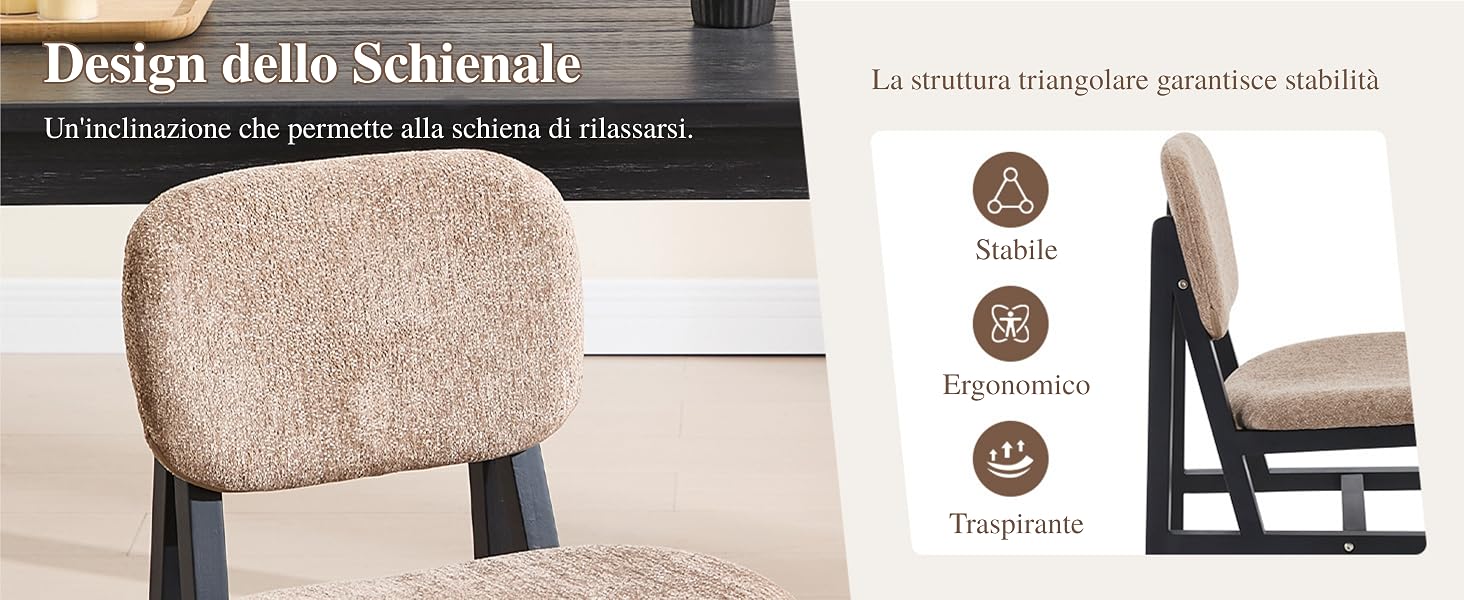 Il testo recita «Design dello Schienale». Viste multiple di un componente dello schienale o del cuscino con texture beige mostrate da diverse angolazioni con specifiche tecniche.