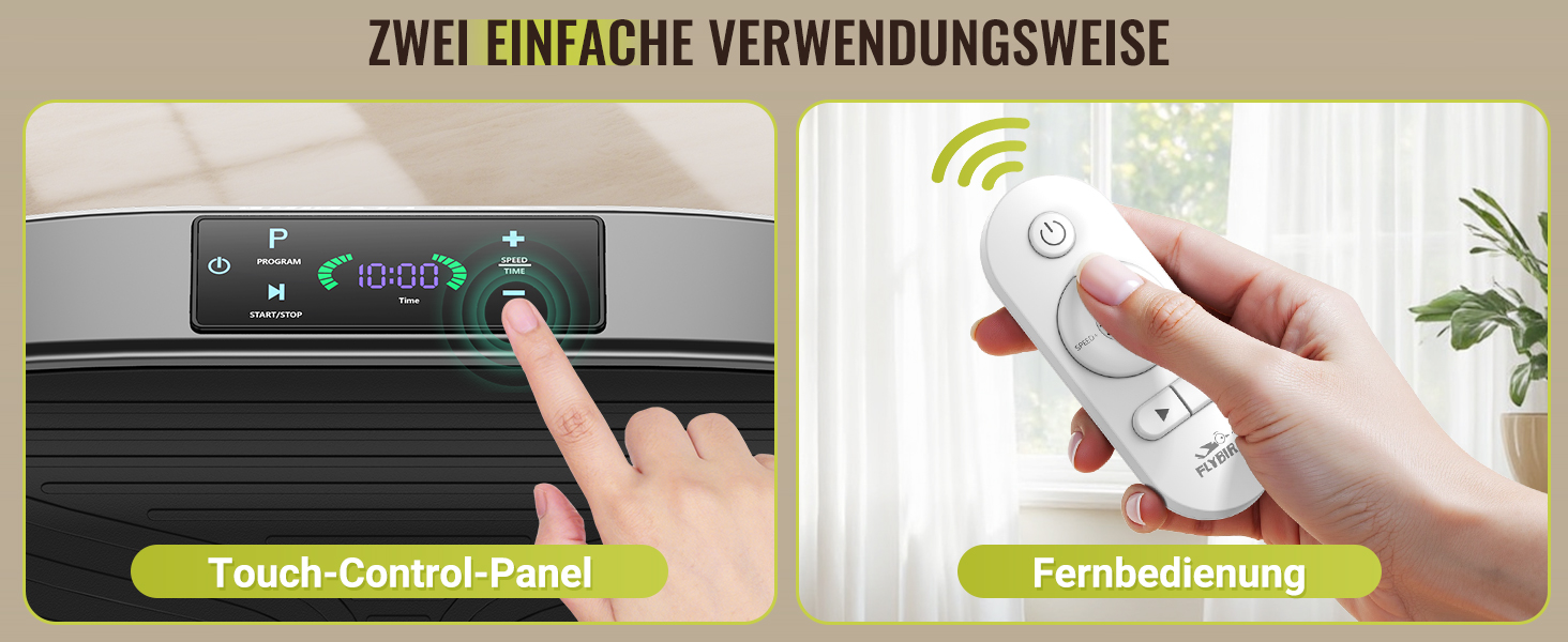 Der Text lautet „ZWEI EINFACHE VERWENDUNGSWEISE“, gefolgt von „Touch-Control“ und „Fernbedienung“. Anleitungstafeln mit Informationen zur Gerätesteuerung mit drahtlosen Anzeigen.