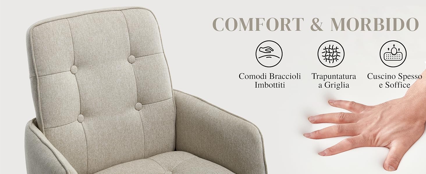 Il testo recita «COMFORT & MORBIDO». Continuazione delle immagini del divano che mostrano la trama del tessuto e le caratteristiche di comfort con icone che indicano le specifiche del prodotto.