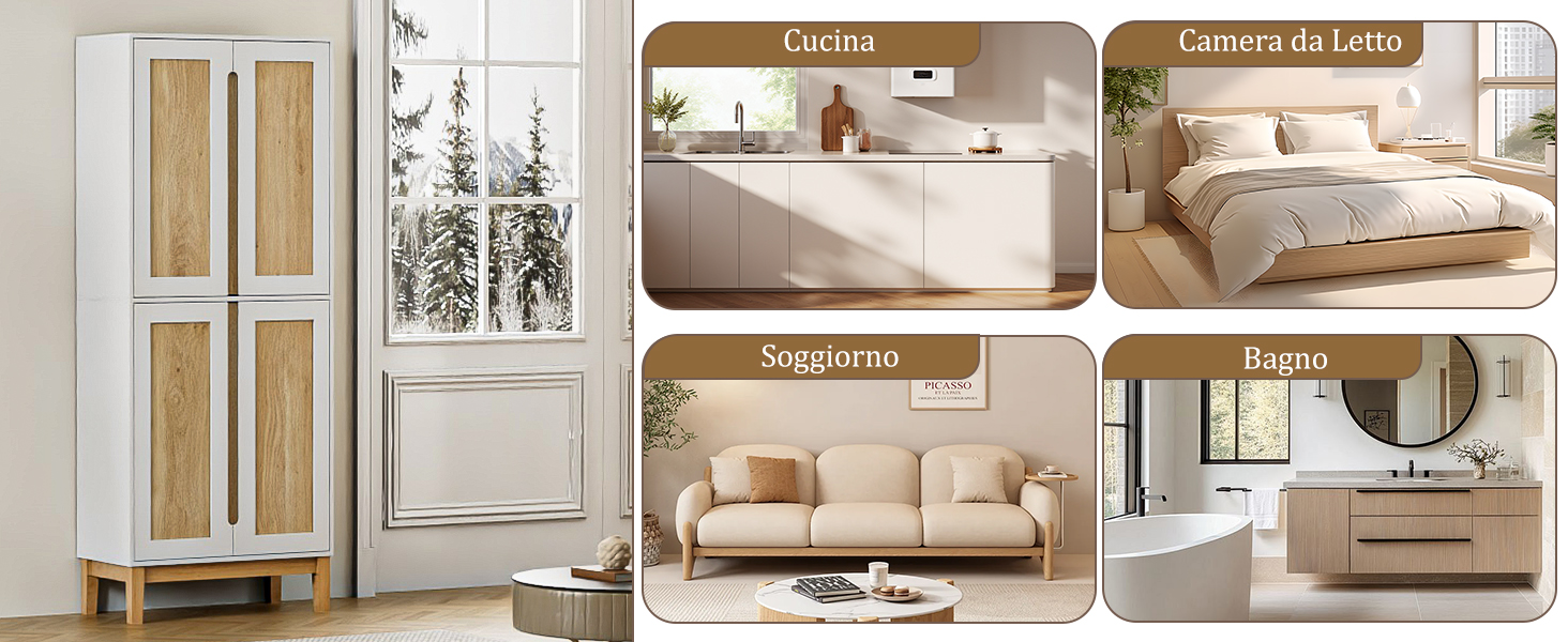 Collage di mobili color crema tra cui armadio, set da camera da letto, divano da soggiorno e contenitori in ambienti domestici neutri.